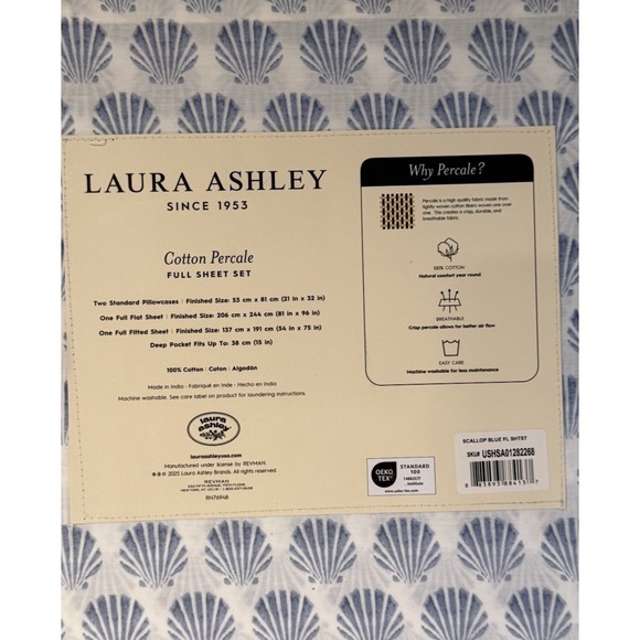 Laura Ashley FULL Blue Shell Scallops Full Sheet Set 4 PCS 100% Cotton Percale - Picture 2 of 4